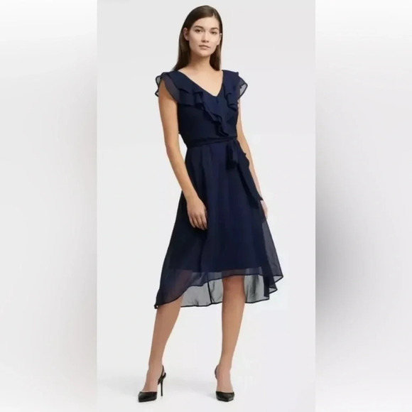 DKNY Ruffle Midi Flutter Sleeves Chiffon Dress Midnight Blue Womens 12 (681) - Picture 1 of 8
